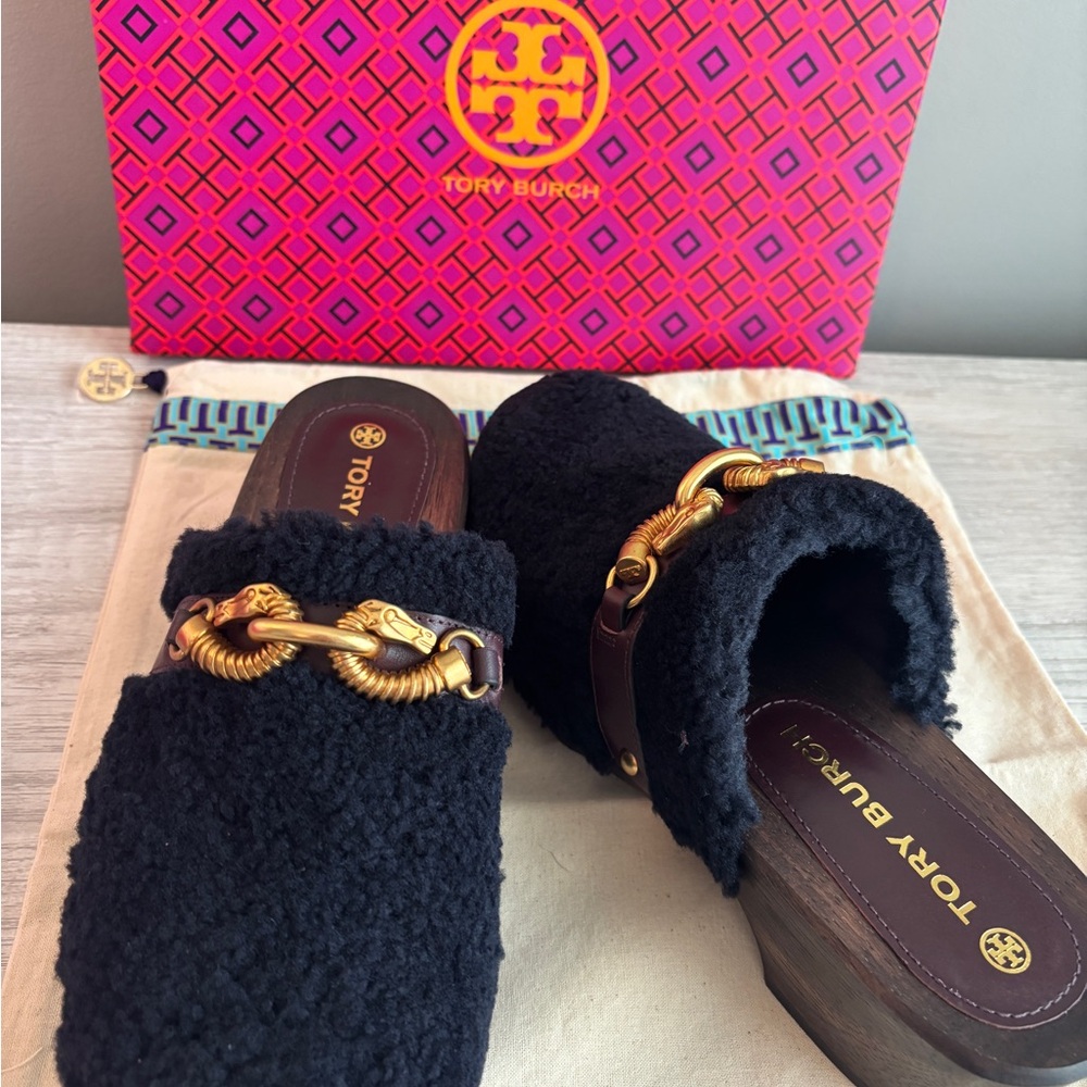 Tory Burch Navy Textured Mules with Gold Detailing
